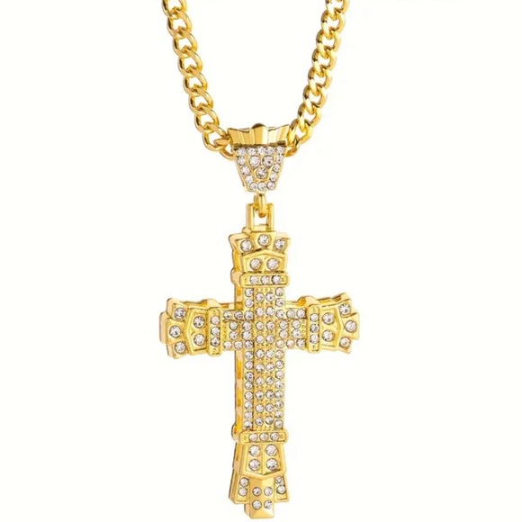 Hip-Hop, Bling, Simulated Diamond Cross Pendant Badass, Gothic Necklace - Picture 3 of 6